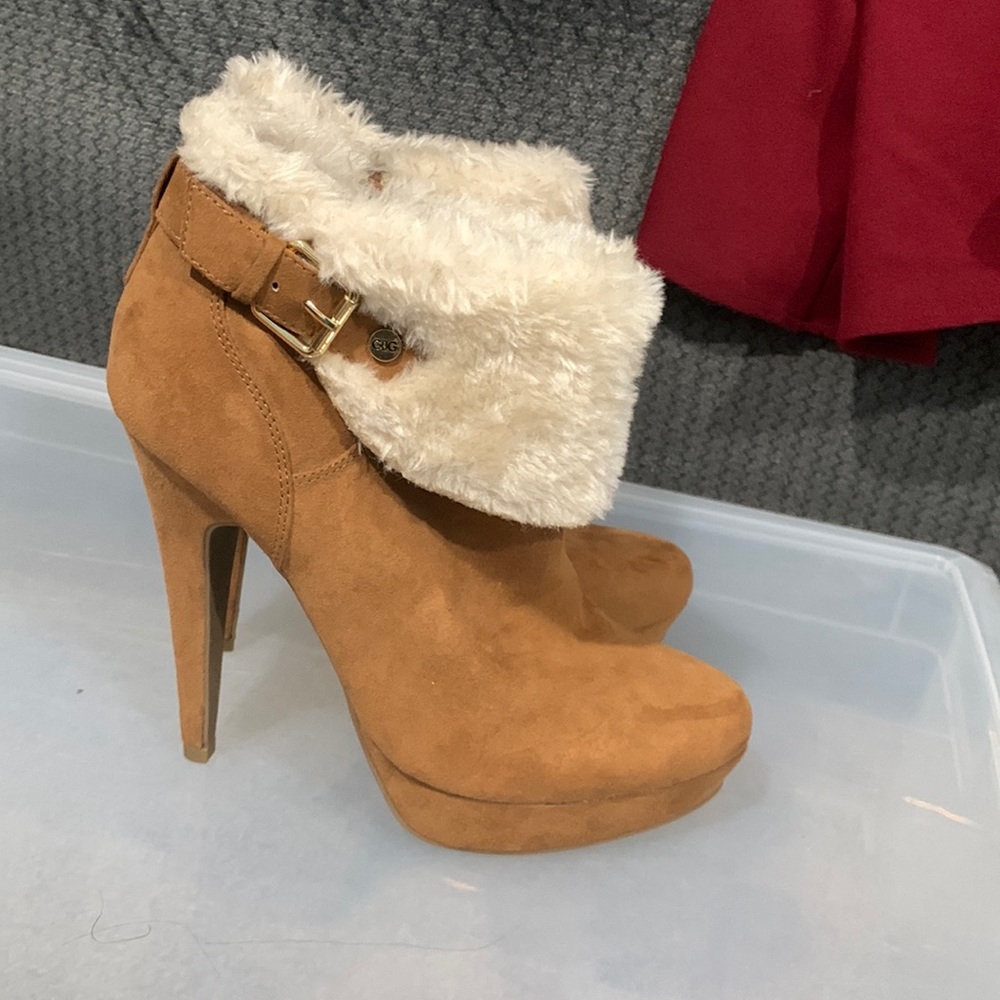 Guess Brown Suede Fuzzy Boot Heels - image 1